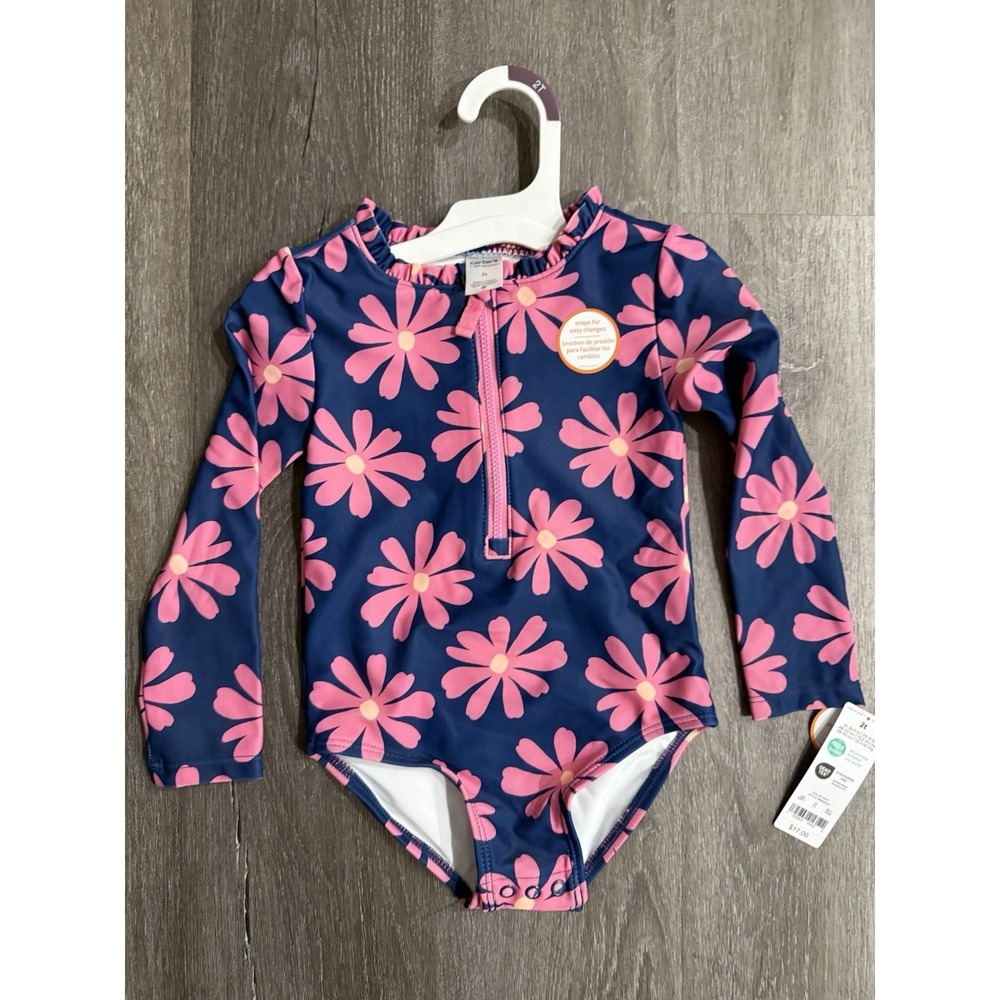 Carter's Girls 2T UPF 50+ Long Sleeve One Piece Swimsuit Navy Pink Floral